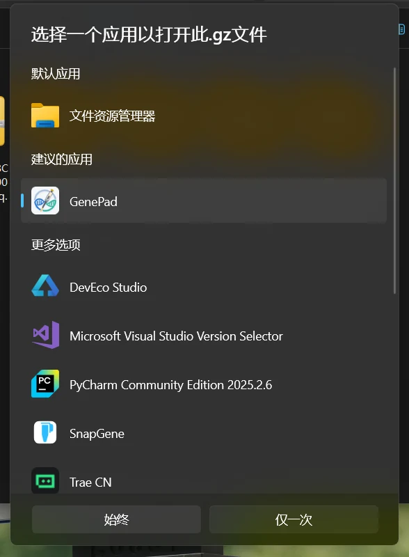 选择其他应用 — 在系统列表中选中 GenePad，可设为默认