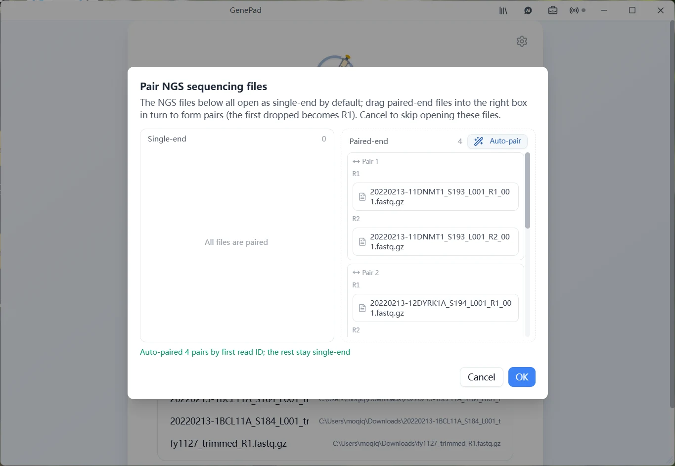 PAIR NGS FILES — 按首条 read ID 自动配对，也可手动调整